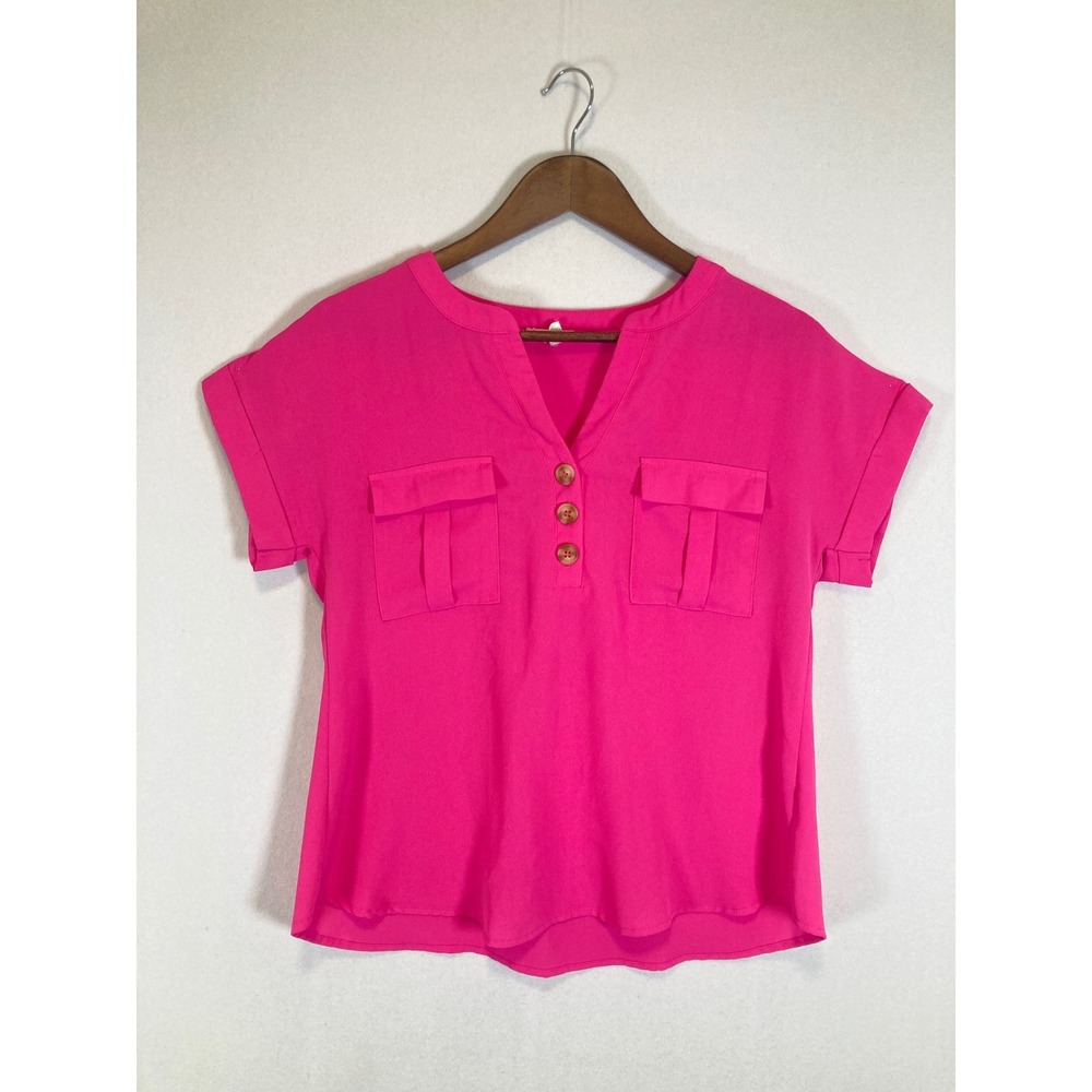 Barbiecore MINE Women Small Hot Pink Short Sleeve Button Neck Pocket Blouse